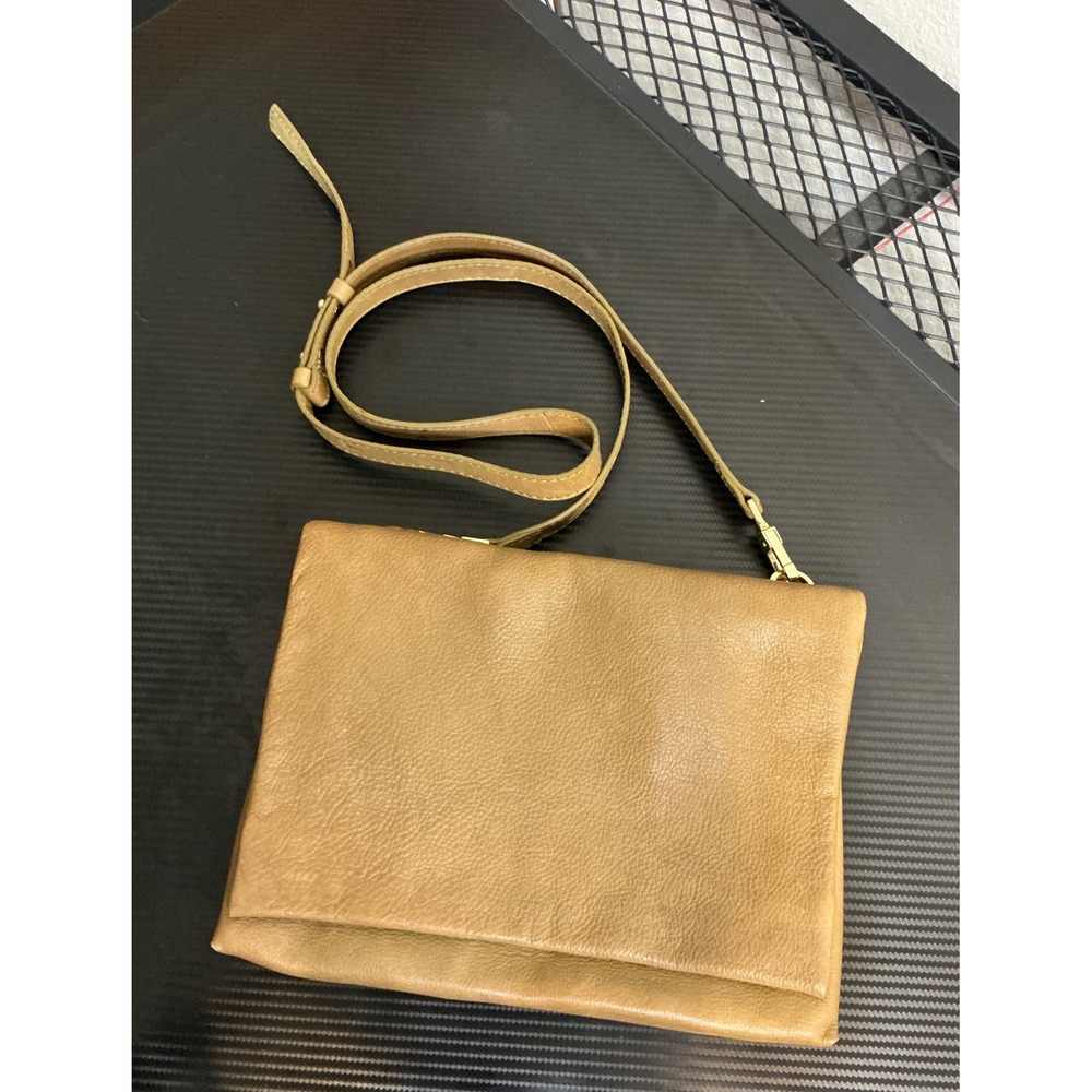 Mango MNG Tan Bovine Leather Crossbody Bag Foldover Magnetic Snap Gold Hardware